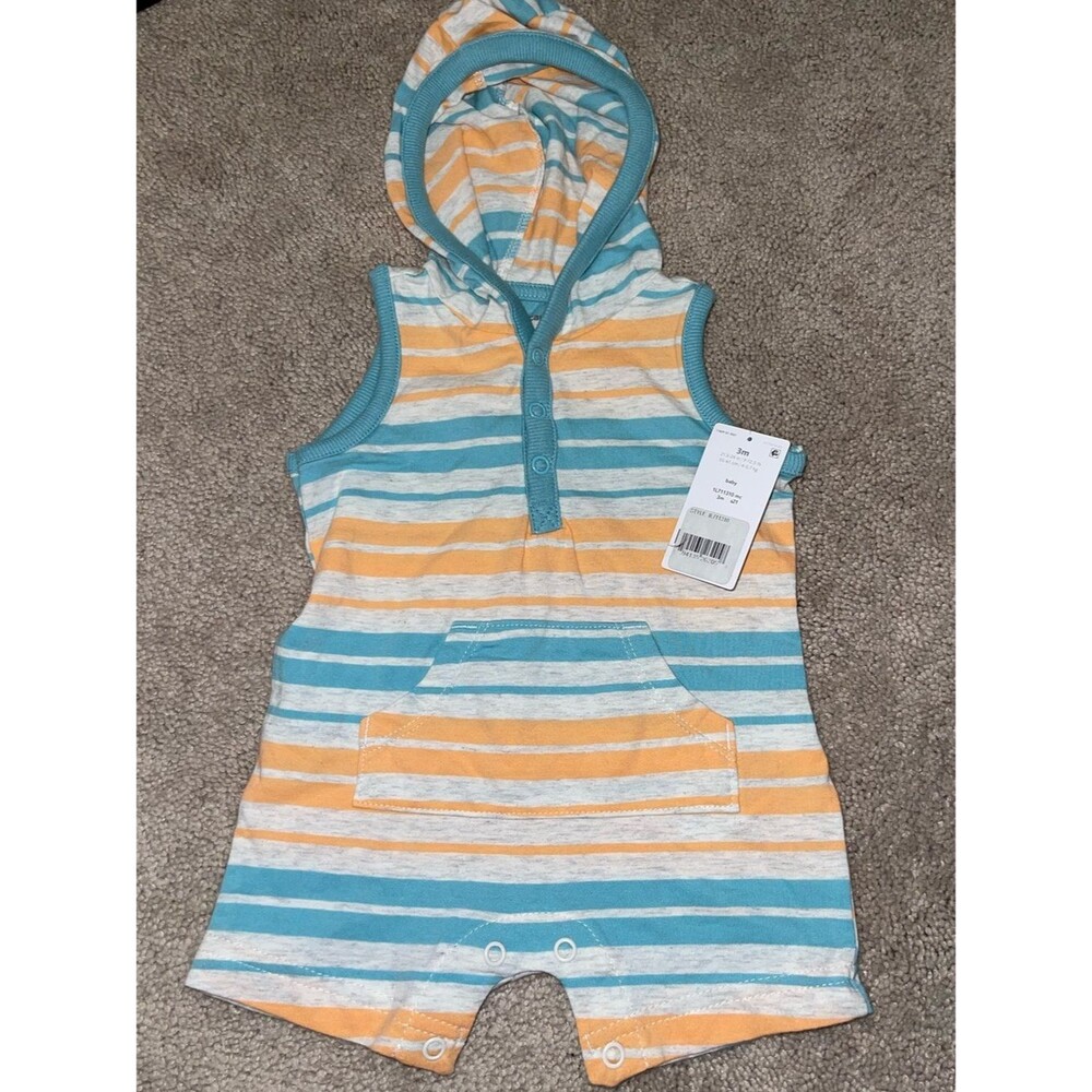 NWT Carter’s Sleeveless Hooded Stripe Romper in Teal, Orange & White